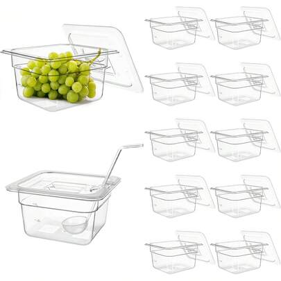 Paquete De 12 Sartenes De Plástico Transparente Con Tapas, Tamaño De 1/6 De 4 Pulgadas De Profundidad, Apilables Comerciales Para Hotel Con 12 Cuchara Para Frutas Y Verduras