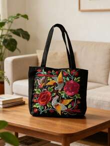 Embroidered Canvas Tote Bag | Reusable Lightweight Shoulder Tote | Large Capacity Foldable Shopping Bag For Grocery, Travel & Daily Storage | Durable Multi-Purpose Handbag For Ladies, Teen Girls, Office Workers & Students | Ideal For Supermarket Runs, Weekend Getaways, Beach Trips, School Campus & Travel Vacations Back To School Gift Small Gift Exchange - Multicolor - View 3