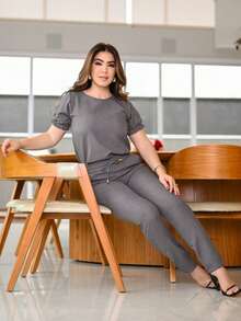 Women's 2-Piece Casual Elegant Set: Pleated Blouse, Cotton Linen Pants With Ruffled Sleeves, Scrub Set, Spring/Summer 2025 Fashion Colors. - 深灰色 - 查看 2
