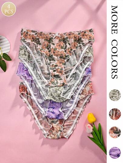 4 piezas/paquete Bragas para mujer de talla grande, con estampado floral y diseño de lazo, tela cómoda y transpirable, adecuadas para usar en casa