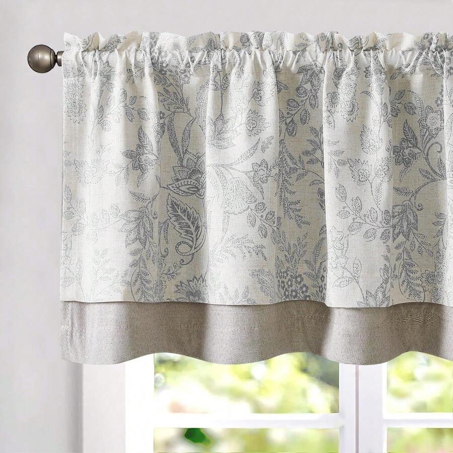 Linen Valance Kitchen Curtain Double Layer 16 Inch Living Room Bedroom Bathroom Window Treatment Blackout Vintage Rustic Farmhouse Cottagecore Rod Pocket 1 Panel On Beige - 森林 | 灰色 - 查看 1