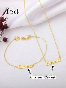 1PC [Customized] Personalized Name Necklace And Bracelet Set, Custom Jewelry Set, Matching Name Gift, Stainless Steel Jewelry, Minimalist Name Customization, Women's Necklace, Custom Necklace And Bracelet, Custom Gift, Engraved Jewelry For Her, Customizable Gift Set, Valentine's Day, Mother's Day, Eid, Back To School Season Gifts, Personalized Custom Set - Multicolor - View 13