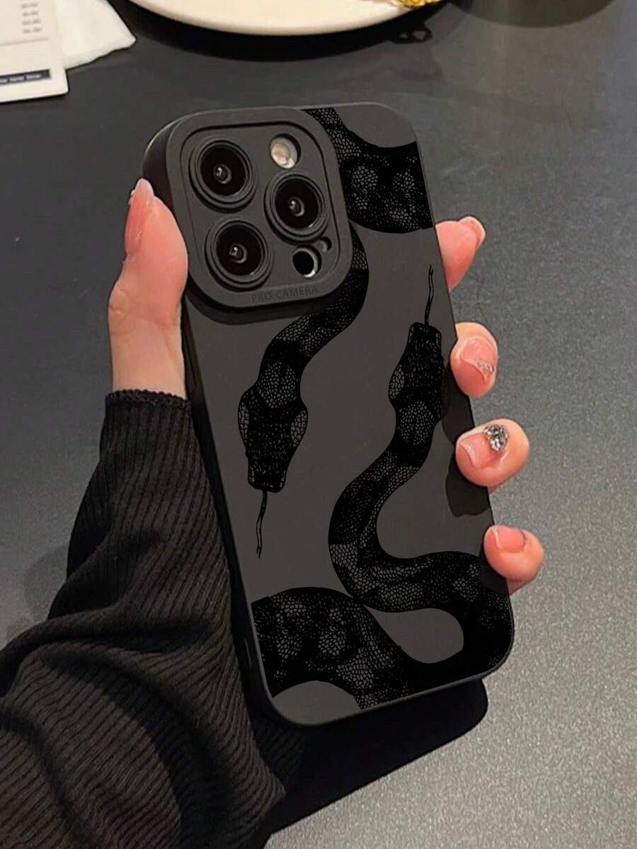 男友礼物 1 件装黑色蟒蛇纹软壳保护手机壳，彩色图案，防震，兼容 和三星手机，适合颓废风格，国际版，非国内版 - 黑色 - 查看 1
