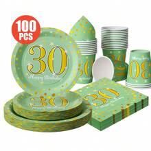 30th Birthday Yellow Polka Dot On Green Disposable Plates, Napkins, Cups - One-Time Party Supplies Set, Fits 25 Guests, Disposable Paper Plates Party Tableware Suitable For Birthday, Wedding, Theme Party, Family Picnic - Multicolor - View 1