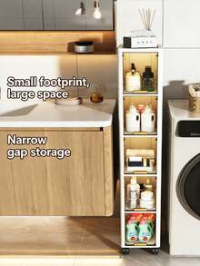3/4/5/6 Layers Foldable Slim Bathroom Organizers And Storage, Plastic Tall Narrow Storage Cabinet With Movable Wheels, Opening Shelf Organizer For Small Spaces, Bathroom, Kitchen, Laundry - White - View 5
