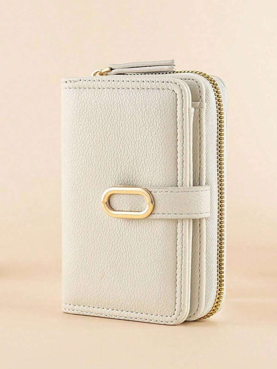 Stylish Zipper Wallet Clutch Pouch With Gold Strap Folding Short Design Simple  Elegant Lichee Textured Leather Gifts Valentines Women Wallet Purse Wallet - 粉色 - 查看 1