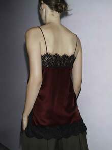 Women Y2k Lace Camisole Top Satin Square Neck Side Split Cami Silk Sleeveless Spaghetti Strap Loose Going Out Tank Backless Nightgown Sleepwear Sliky Short Wedding Nightgown,Party Streetwear,Rave Outfit,Club Outfits,Beach Vacation Outfits,Spring Break Outfits,Valentines Clothes,St Pattys Day Outfit,Easter Outfit - 酒紅色 - 查看 2