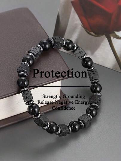 男士复古串珠护身手链，火山石和碧玺材质，象征自信、勇气、专注和接地气，适合瑜伽冥想，时尚饰品，男女皆宜