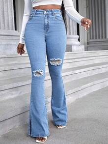 Jeans largos de mezclilla acampanados con rotos casuales para mujer, con dobladillo dividido y elasticidad media, elegantes y cómodos. - Azul lavado medio - Ver 1