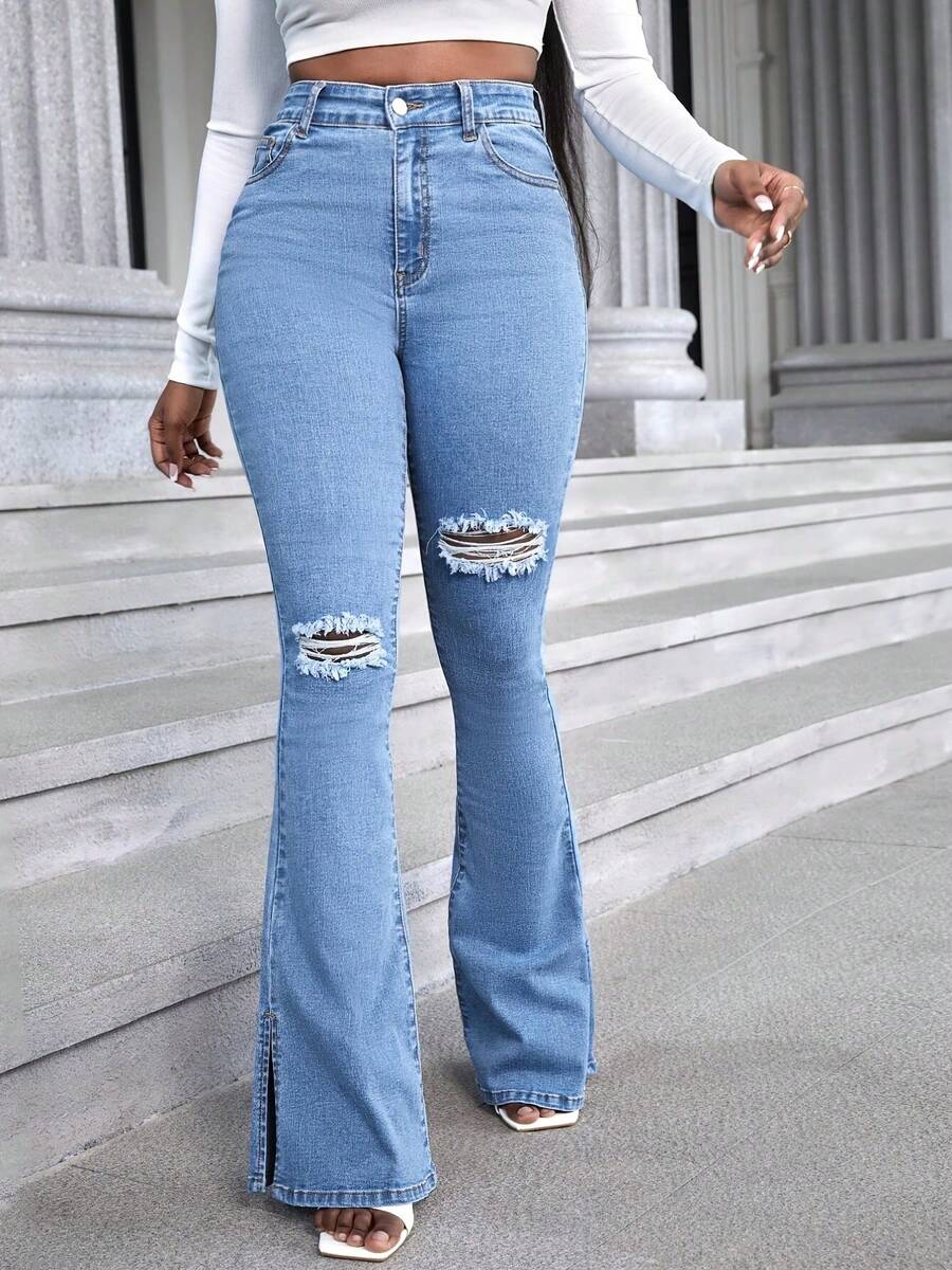 Jeans largos de mezclilla acampanados con rotos casuales para mujer, con dobladillo dividido y elasticidad media, elegantes y cómodos. - Azul lavado medio - Ver 1