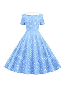Women's 50s Vintage Polka Dot Swing Dress - Double Breasted Notch Lapel Rockabilly Cocktail Midi Dress - 淺藍色 - 查看 2