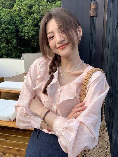 2026 Spring/Summer Pale Pink Ruffle V-Neck Button Front Casual Blouse, Suitable For 18-35 Years Old, Great For Valentine's Day, Easter, Mother's Day, Outdoor Brunch, Casual Gatherings, Weekend Events
