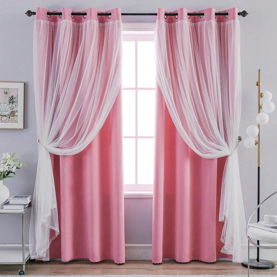 Blackout And Sheer Layered Solid Window Curtain Panel Pair With Grommet Top, 52Wx63L, Orange - Anytime Use - Pink - View 1
