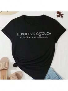 Blusa Camiseta 100% Algodão Feminina Estampada Religioso É Lindo Ser Católica Moda Gospel - Preto - Visão 2