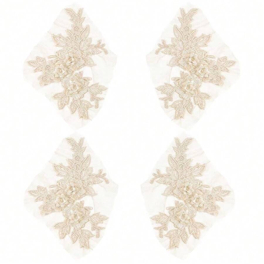 [Free Shipping]2 Pairs 4Pcs Beige 3D Floral Lace Applique Vintage Embroidery Flower Patches Sew On Polyester Solid Embroidered Appliques For Sewing MaFKing Clothes Dresses Bags Home Decorations DIY Craft - 米色 - 查看 1