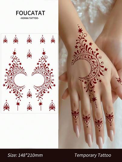 1张棕色海娜纹身贴纸，女士专用，防水月亮图案临时纹身，适用于手部和手指，花朵假纹身，适合节日人体彩绘
