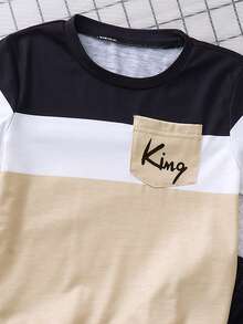 2 Stücke Kleinkind Jungen Sommer Kurzarm T-Shirt und Shorts Set, Patchwork Kontrastfarben Buchstaben Muster, lässige bequeme Strickstoff Hose, Alltags- und Outdoor-Sport Outfit - Verschiedenfarbig - Übersicht 7
