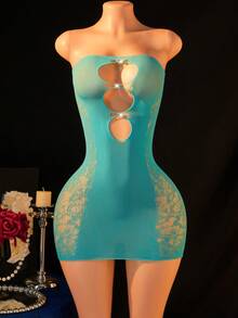 1件装女士性感内衣，闪亮水钻，抹胸睡裙，镂空透视无袖，无肩带镂空迷你裙，性感紧身裤睡衣，比基尼罩衫，情人节性感派对角色扮演服装 - 薄荷藍 - 查看 1