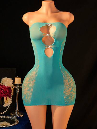 1 pieza Lencería sexy para mujer, con brillantes diamante de imitación, Camisón tipo top tubo, sin mangas y transparente, minifalda sin tirantes y calada, medias sexys, traje de fiesta sexy para el Día de San Valentín