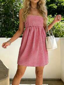 Đầm hai dây trễ vai màu đỏ trắng kẻ caro nhuộm tie-dye thanh lịch, thoải mái dành cho nữ, thích hợp mặc đi biển hàng ngày, nghỉ lễ, mùa xuân, trang phục đi biển, đầm kẻ caro. - Đỏ và trắng - Xem 9