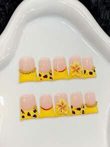 10Pcs Glossy False Nails With Sakura Decor Yellow Edge Press On Nails For Wedding Party Festival Daily Wear Nail Supplies - Multicolor - View 1