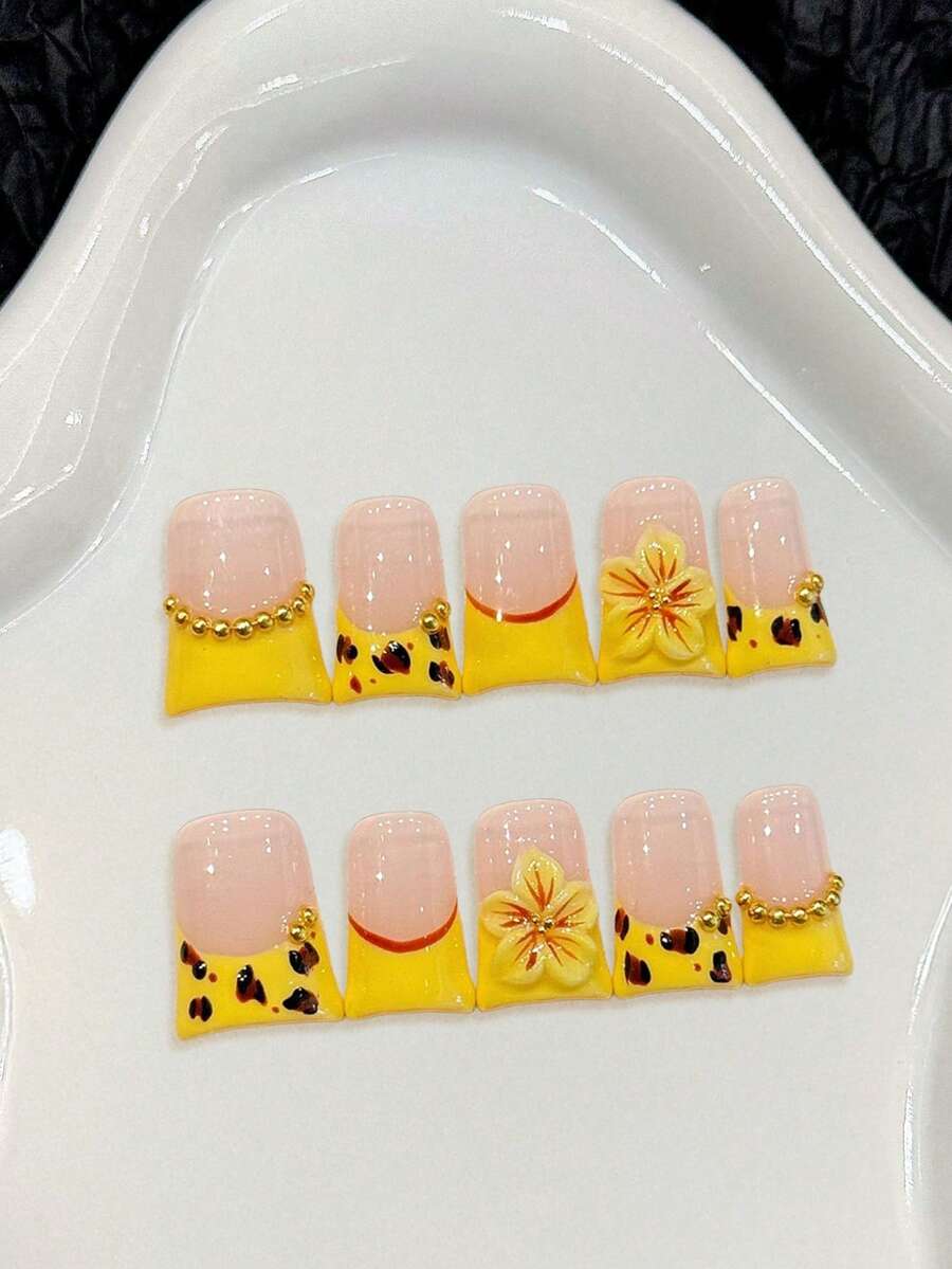 10Pcs Glossy False Nails With Sakura Decor Yellow Edge Press On Nails For Wedding Party Festival Daily Wear Nail Supplies - Multicolor - View 1