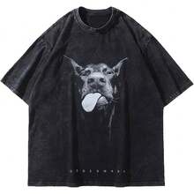Laixton Men's Pattern T-Shirt Unisex Cotton Oversized T-Shirt Short Sleeve Retro Streetwear Casual T-Shirt Top Comfortable Washed Cotton T-Shirt - 大狗黑 - 查看 7