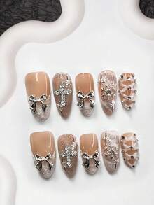 10件套秋冬美甲装饰套装，亚克力美甲贴纸，包含银色雪花、蝴蝶结、十字架、星空图案、手绘白色树形图案及闪亮爱心，优雅精致风格，银色猫眼星空美甲装饰，美甲用品 - 彩色 - 查看 16