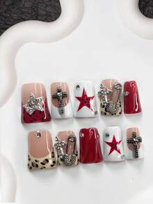 Bộ 10 móng tay gel phong cách Y2K Millennium, móng giả acrylic, hình thánh giá đính đá, ngôi sao năm cánh bạc sáng bóng, kẹp giấy, hình đầu lâu cổ điển tối màu, ngôi sao năm cánh đỏ vẽ tay chấm đen, giọt nước màu trơn, họa tiết da báo, dụng cụ làm móng, móng giả thủ công. - Nhiều màu - Xem 17