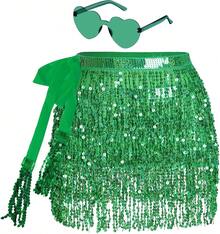 Sequin Belly Dance Scarf Tassel Wrap Sparkly Fringe Skirt With Pair Heart Party Rave Costume Women - màu xanh lá - Xem 12