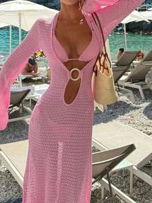 Women's Sexy Long Sleeve Knit Maxi Dress, Spring/Summer Beach Vacation Solid Color Crochet Long Sweater Dress, Bohemian Style Casual Elegant Deep V-Neck Sweater Dress - Pink - View 4