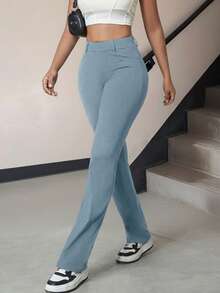 瑜伽高弹力褶皱腰宽腰带黑色修身喇叭裤日常休闲舒适运动健身简约裤秋季女装 - 淺藍色 - 查看 1