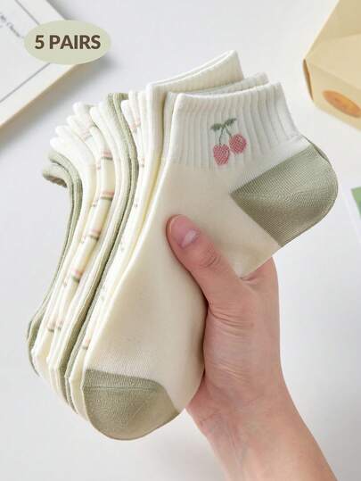 5 Pairs Women's Cute Breathable Cherry Bow Striped Short Invisible Socks, Ankle Socks/Mid-Calf Socks, White Socks, Green Socks, Suitable For Casual Daily Wear, All Seasons