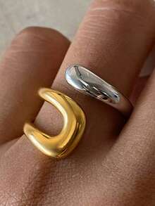 1pc 18K Gold Plated Stainless Steel Adjustable Dual-Tone Ring, Suitable For Daily Outfit, Bohemian Style, Gifts, Valentine's Day - Multicolor - View 8