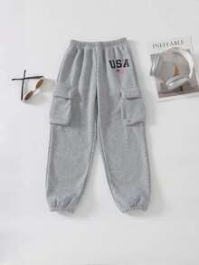 1pc Tween Boy Thick Thermal Lined Letter Print Casual Pants, Fashion Outdoor Cargo Trousers With Large Pockets, Comfortable For Autumn/Winter - Grey - View 6