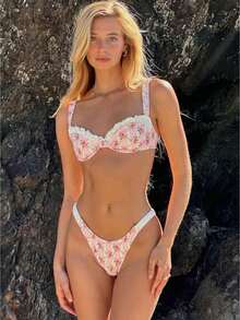 Womens Floral Ruffle Bikini Set, Swimsuits For Woman, Bathing Suits For Women, Ropa De Playa, Vacation Outfits Women - Pink - View 1