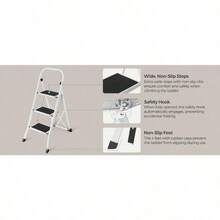 3-Step Ladder, Folding Ladder, Safety Lock, Space-Saving Storage, White - White - View 10