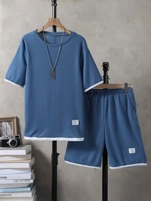 2pcs/Set Teens Summer Short Sleeve T-Shirt And Shorts, Waffle Texture Fabric With Contrast Trim, Casual Comfortable Outfit For Daily Wear And Light Social Occasions - Blue - View 6