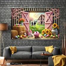 2D平面复活节农场场景涤纶横幅,单件装 - 鲜艳的粉色谷仓和向日葵,点缀着兔子、小鸡和复活节彩蛋 - 春夏秋三季室内外背景,适用于复活节派对装饰、乡村风格家居花园装饰 - 涤纶面料,色调柔和,充满乡村魅力,高品质印刷,耐候材料,节日庭院装饰,季节性装饰品 - 1件 - 查看 6