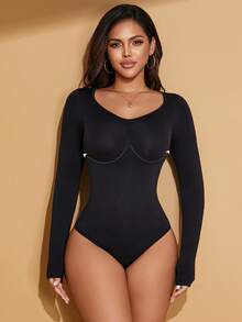 Bodysuits For Women Ribbed Long Sleeve Tummy Control Tops Bodysuits Black Summer - Black - View 6