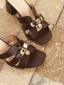 Fashionable & Versatile Women's High Heel Sandals, New Spring/Summer Buckle Square Toe Chunky Heel Slippers, Outdoor Comfortable Casual Shoes For Party, Vacation, Commuting, Brown - Brown - View 8