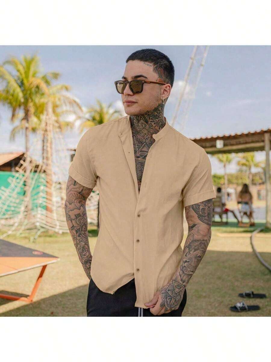 K027 Men's Linen Dress Shirt With Mandarin Collar - Màu Khaki - Xem 1
