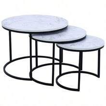 Modern Minimalist 3-Piece Nesting Side Table Set, Sofa Side Table, Living Room Center Coffee Table, Hotel Lobby Display Table, Reception Table, Multi-Purpose Storage Rack. White Marble-Patterned Wood Tabletop, Black Metal Frame, Can Be Stacked Or Placed Separately. - White Marbling - View 8