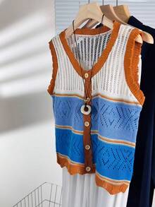 蓝白橙撞色镂空针织背心，V领单排扣无袖开衫 春季 - 藍白色 - 查看 4