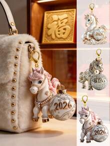 Pink & Golden Glitter 2026 Horse Charm Ornament | Top-Rated Sparkling Glittery Horse Figurine Pendant ,Xiao Ma Design | Multi-Functional Keychain, Bag Charm & Car Rearview Mirror Hanger | Chinese Spring Festival Mascot, Year Of The Horse Symbol & Festive Interior Decor | Perfect For Party Favors, Holiday Gifts - Multicolor - View 1