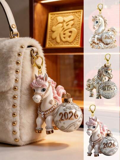 Pink & Golden Glitter 2026 Horse Charm Ornament | Top-Rated Sparkling Glittery Horse Figurine Pendant ,Xiao Ma Design | Multi-Functional Keychain, Bag Charm & Car Rearview Mirror Hanger | Chinese Spring Festival Mascot, Year Of The Horse Symbol & Festive Interior Decor | Perfect For Party Favors, Holiday Gifts
