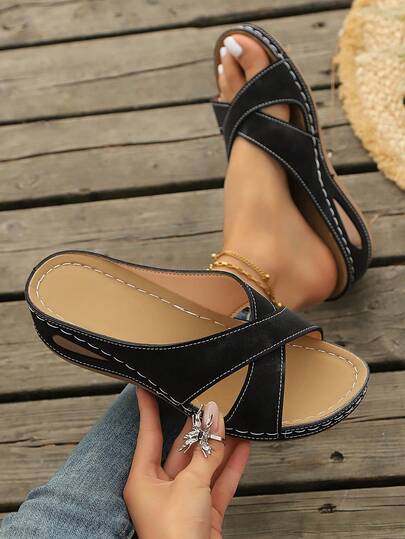 Plus Size Women's Cross-Border 2025 Summer New Hollow Out Solid Flower Open Toe Wedge Comfortable Versatile Lightweight Slide Sandals