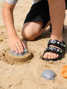 2026 Summer New Boys' Sports Slides: Black Base Double Strap Black & White Camo Style, Neon Green / White Decorative Buckle, Lightweight Rubber + Non-Slip Sole, Suitable For Indoor, Outdoor & Light Sports - Black - View 3