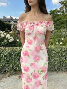 Women's Elegant Pink Rose Print Off Shoulder Ruffled Ruched Bodycon Maxi Dress, Chic Sleeveless Summer Dress, Romantic Garden Party Outfit - Multicolor - View 10