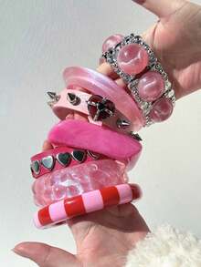 1pc Pink Transparent Asymmetrical Resin Bracelet, Heart Spike Rivet Leather Strap Wristband, Layered Charm Jewelry For Women - Multicolor - View 2